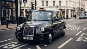 UK taxi driving on a city street showing average cost for a 5-mile journey.