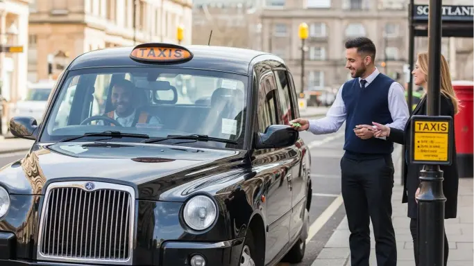 A man standing with a women near a taxi giving tip to a taxi driver in UK