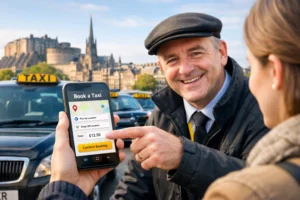Passenger booking a taxi online on a smartphone in Edinburgh, UK, avoiding common taxi booking mistakes for safe and stress-free rides.