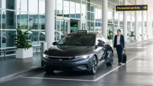 Traveler approaching a taxi outside Dunfermline airport, illustrating the choice between pre-booked and on-the-spot airport taxis for a stress-free ride.