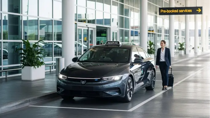 Traveler approaching a taxi outside Dunfermline airport, illustrating the choice between pre-booked and on-the-spot airport taxis for a stress-free ride.
