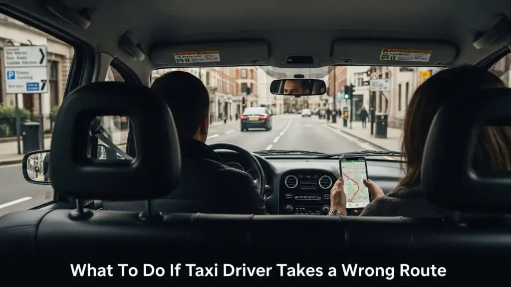 Passenger in a London taxi checking a smartphone map while the driver takes the wrong route, illustrating safe UK taxi travel tips.