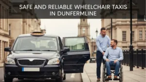 Wheelchair-accessible taxi in Dunfermline with driver assisting a passenger, showing safe and reliable transport services.